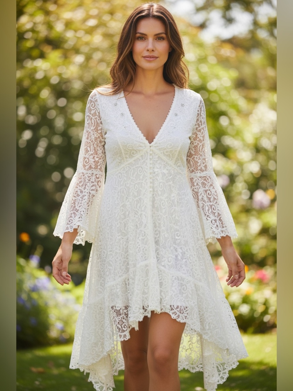 Boho Lace-Trim Midi Dress in White